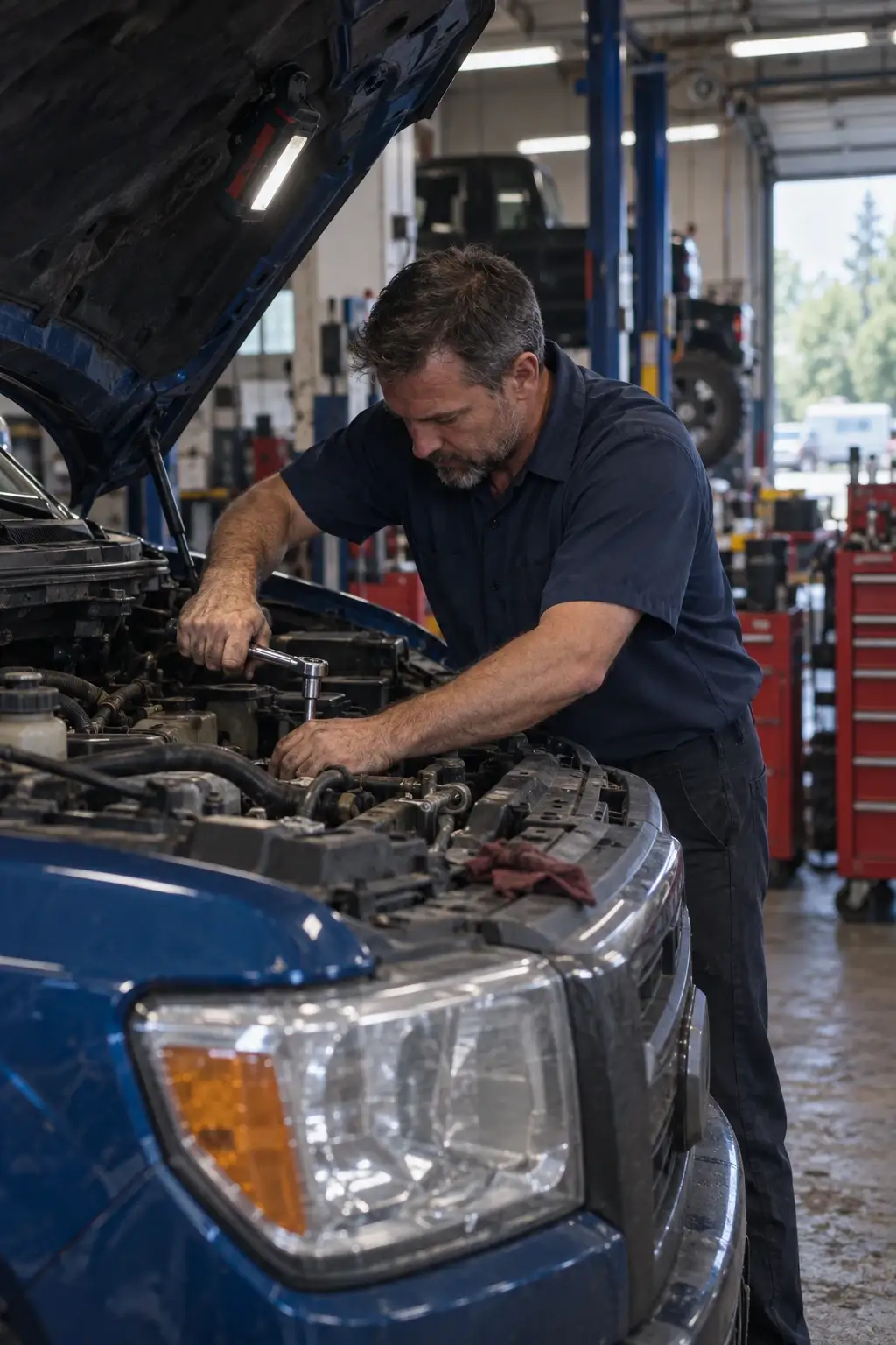 Mechanic working under the hood at G&L Auto