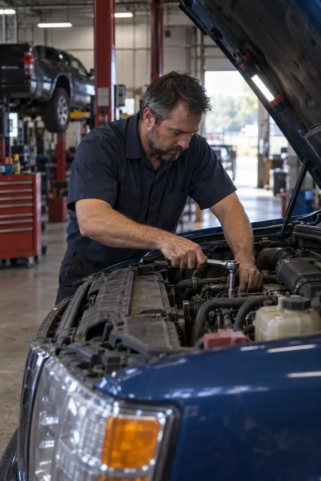 Mechanic working on a truck engine at G&L Auto